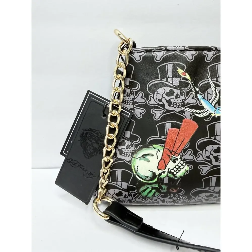 Ed Hardy Black Striking Tiger Tattoo Art With Rhinestones Shoulder Bag w/Charms